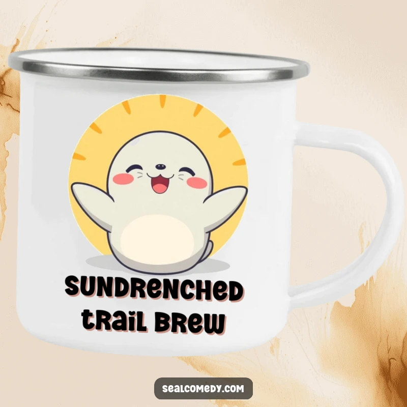 Funny basking seal camping mug with flippers extended, perfect for outdoor enjoyment and carrying cheerful sunny flair.
