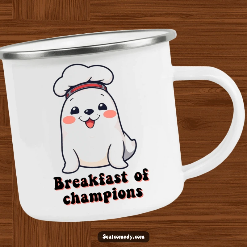 Funny camping mug featuring a cheerful seal in a chef hat, perfect for enjoying beverages during outdoor adventures.