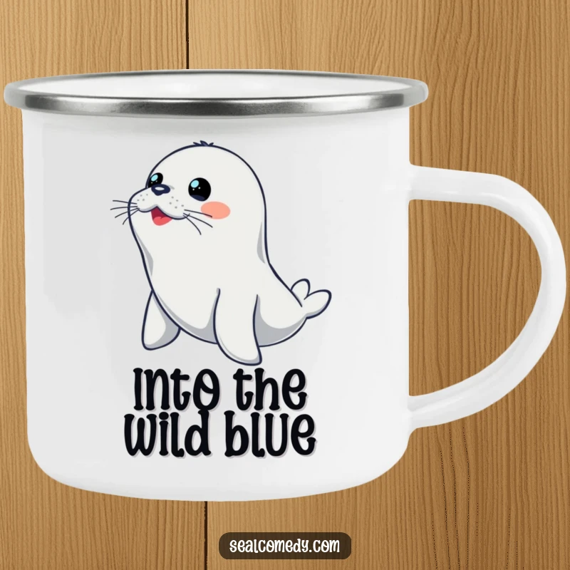 Funny seal camping mug showing an alert seal ready to dive, perfect for outdoor enthusiasts.