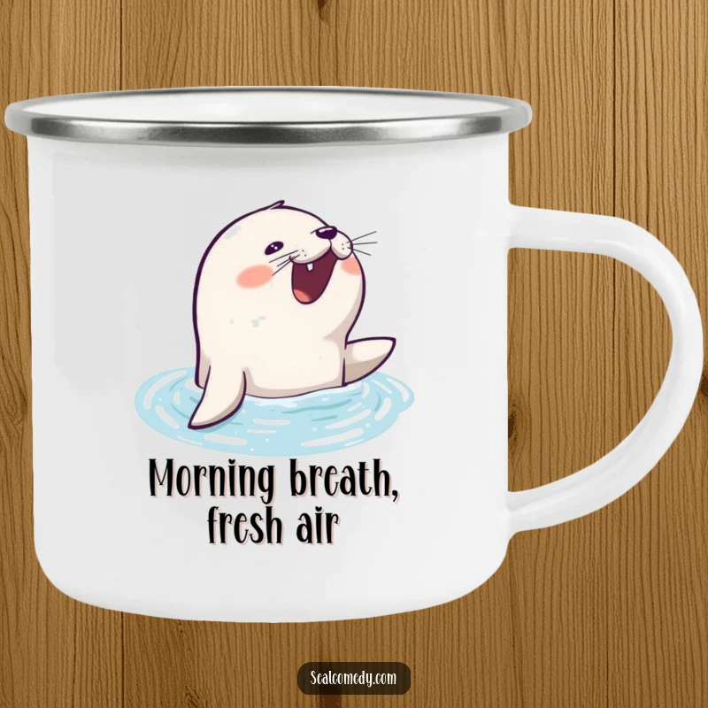 Funny seal camping mug showing an eager seal barking as it surfaces from the water, ready for adventure.