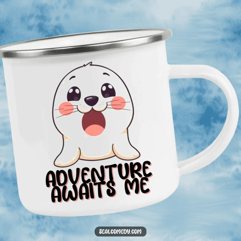 Funny camping mug featuring an excited seal with large, innocent eyes, perfect for enjoying drinks during outdoor adventures.