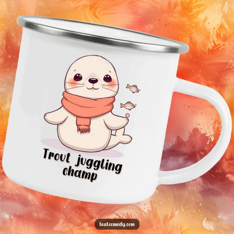 Funny Seal Camping Mug: A seal juggles fish while wearing a scarf, bringing humorous circus fun to outdoor adventures. Ideal funny gift.