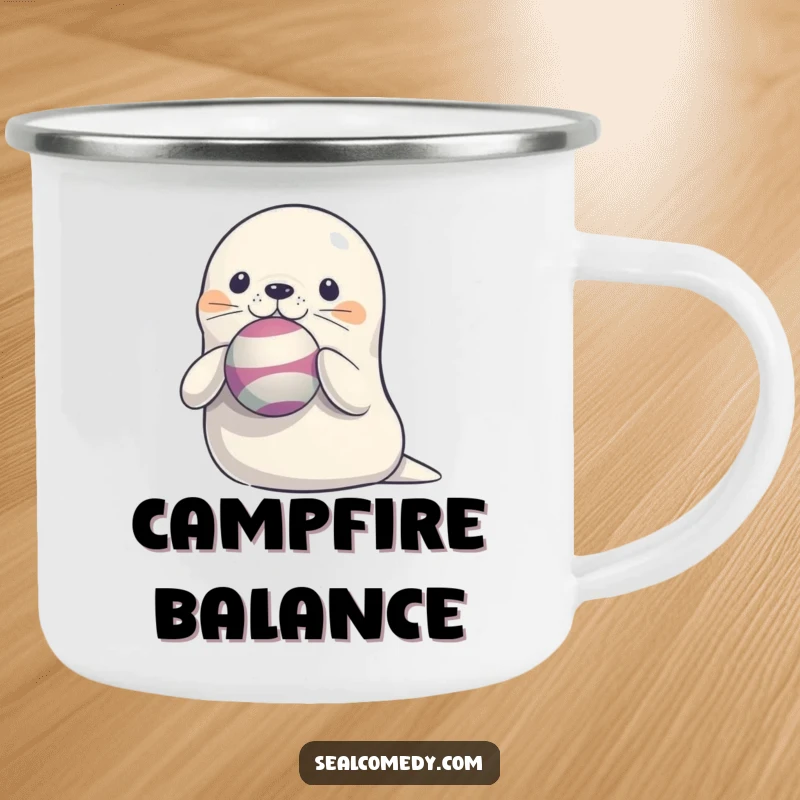 Funny Seal Camping Mug: A sturdy enamel mug featuring a cute seal with a ball perfectly balanced on its nose, ready for the outdoors.