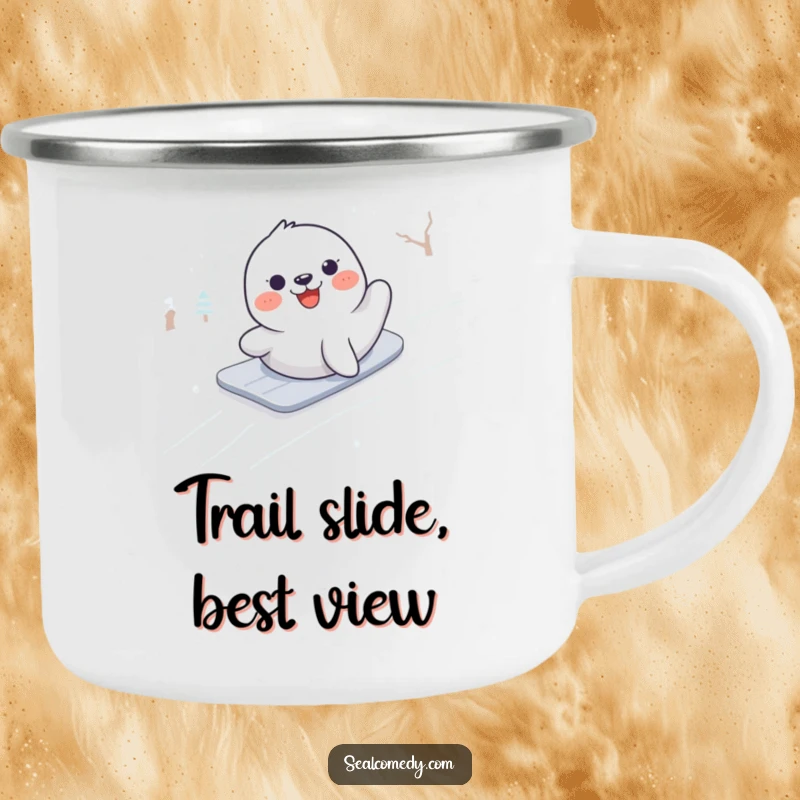 Funny camping mug depicting a seal enthusiastically sliding down a snowy slope, ideal for outdoor humor enthusiasts.