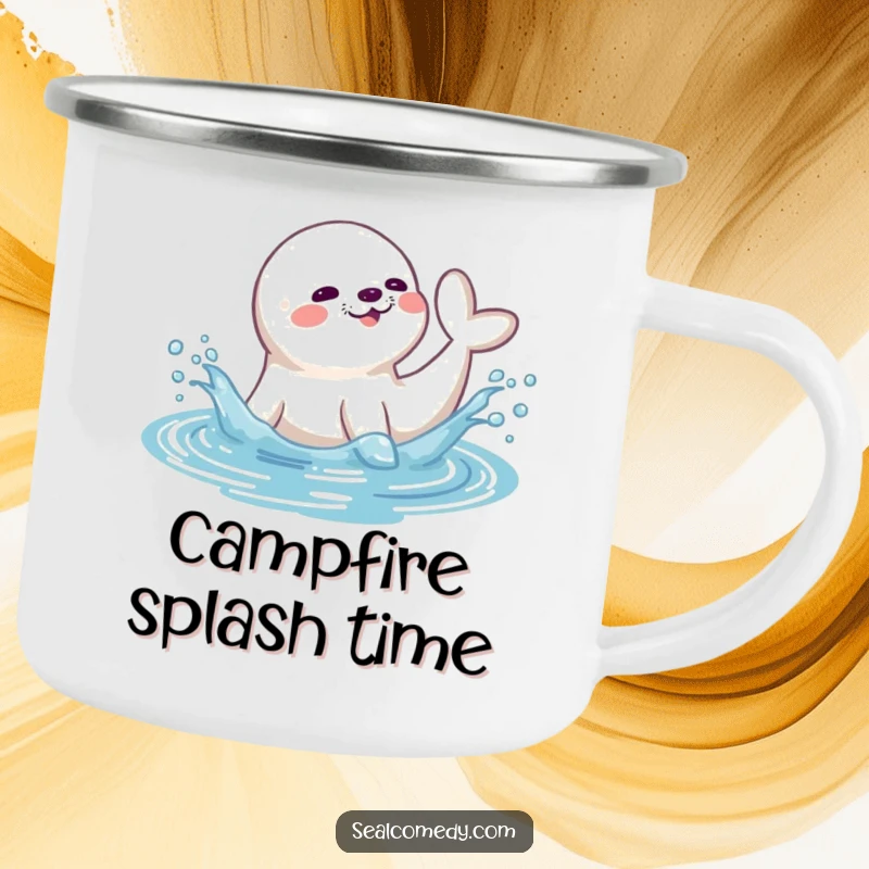 Funny seal camping mug featuring a playful seal splashing water with its tail, ideal for enjoying drinks during outdoor adventures.