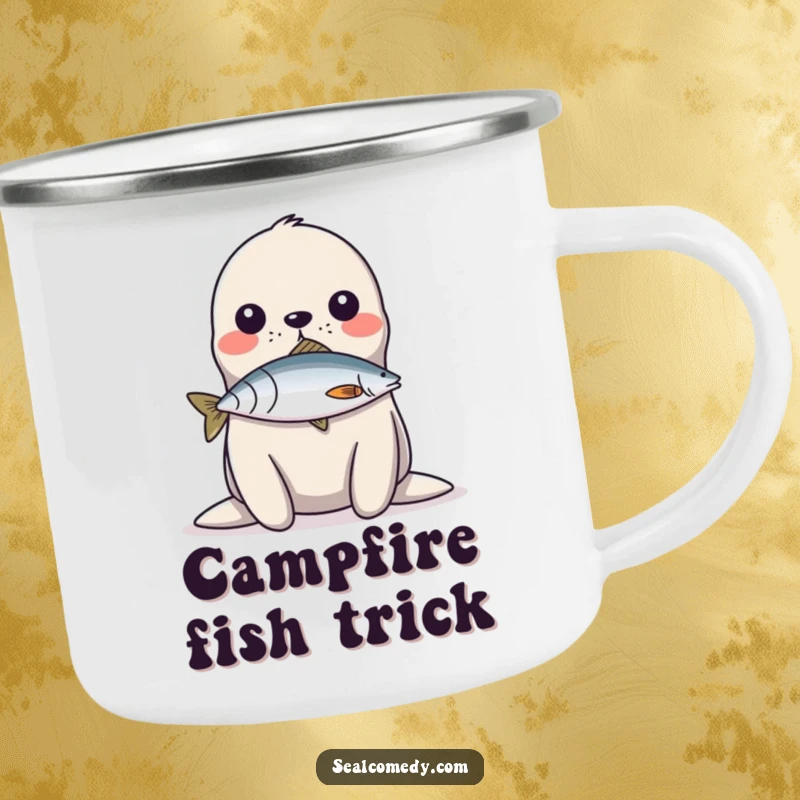 Funny Camping Mug: A seal balances a fish on its nose, perfect for humorous outdoor sipping.