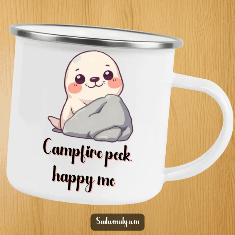Funny camping mug showing a seal curiously peeking from behind a rock, perfect for outdoor observation.