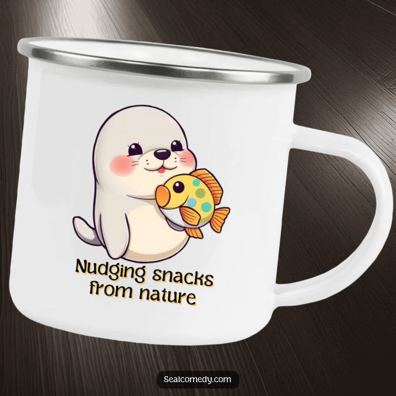 Funny Seal Camping Mug: A playful seal nudges a fish, a humorous and durable cup for outdoor fun.