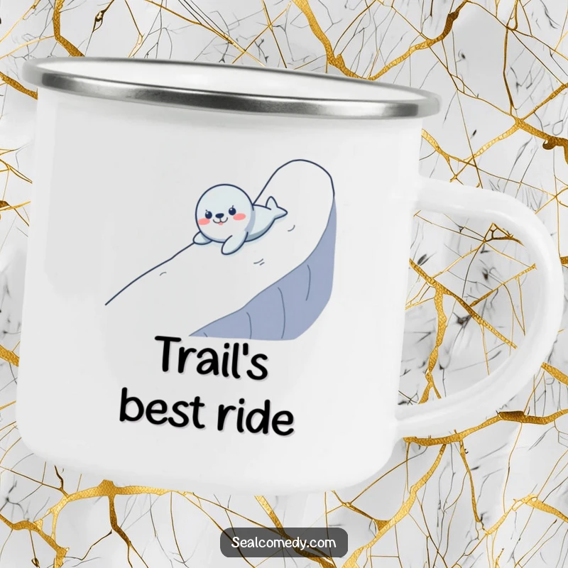 Funny camping mug showing a seal sliding downhill with enthusiasm, perfect for outdoor adventures and a good laugh.