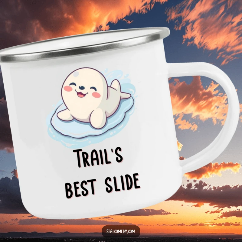 Funny seal with a big grin sliding down a wet surface, a durable and humorous camping mug.