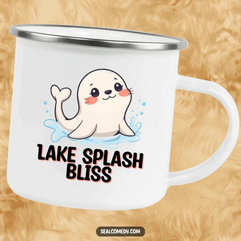 Funny seal with a playful flick of its tail, splashing in sparkling water, a durable and humorous camping mug.