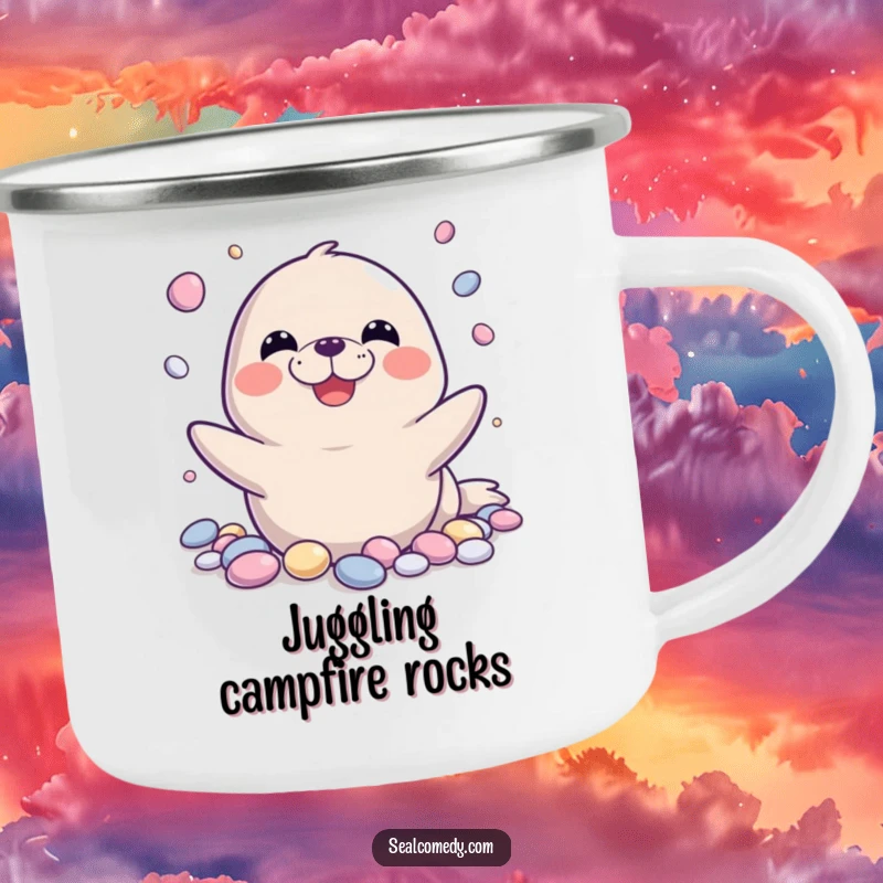 Funny seal camping mug showcasing a seal with a wide grin juggling shiny pebbles, perfect for outdoor enthusiasts who love humor.
