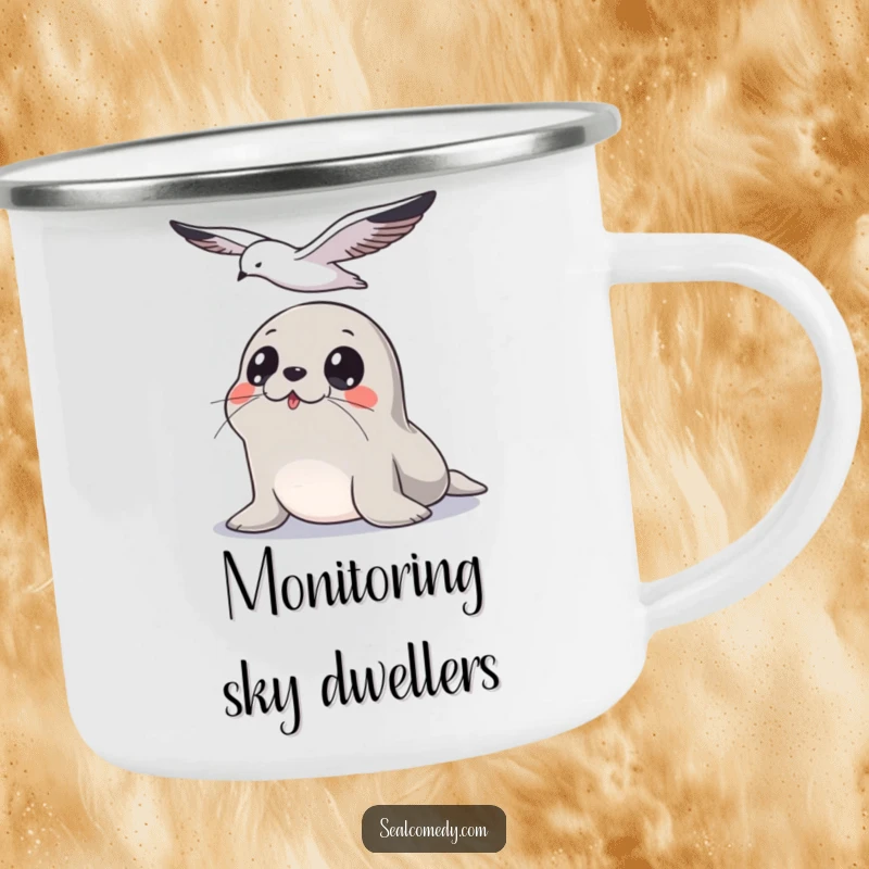 Funny Seal Camping Mug: Wide-eyed seal watches a seagull overhead, a humorous and durable cup for active people.