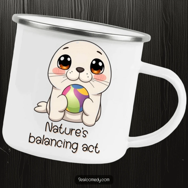 Funny seal balancing a colorful ball on its nose, a durable and humorous camping mug for enjoyment.