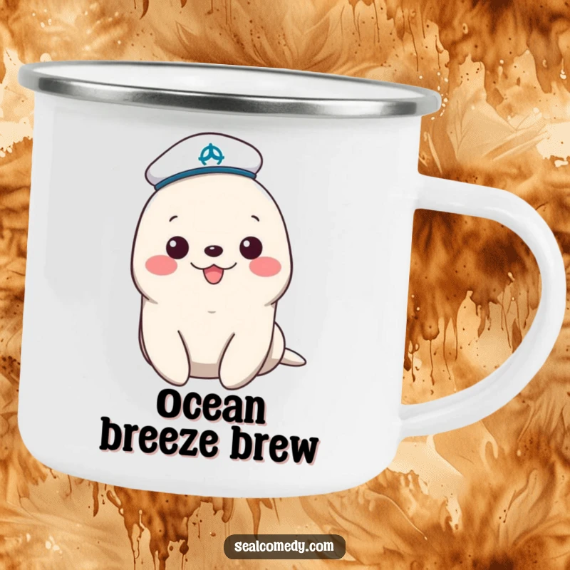 Funny sailor seal camping mug with a tiny hat, perfect for outdoor enjoyment and carrying cheerful maritime flair.