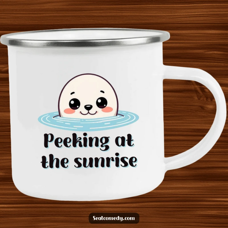 Funny seal camping mug showing a curious seal peeking out of the water with wide eyes, ideal for outdoor enthusiasts and humor lovers.