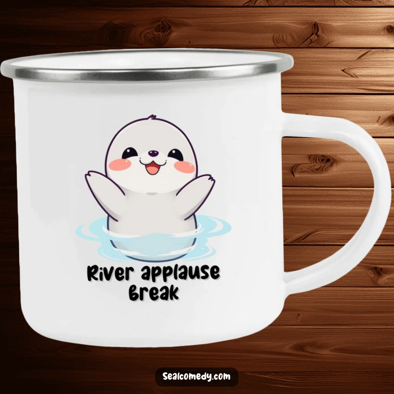 Funny seal camping mug with a happy sea creature clapping its flippers joyfully in the water, perfect for outdoor cheer.