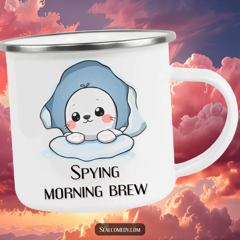 Funny camping mug showing a seal character peeking out from an ice hole, ideal for outdoor adventures and sparking curiosity.