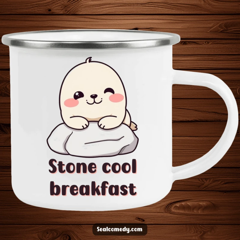 Funny enamel camping mug with a seal resting its chin on a stone, looking pleased, perfect for rugged adventures and humorous sips.