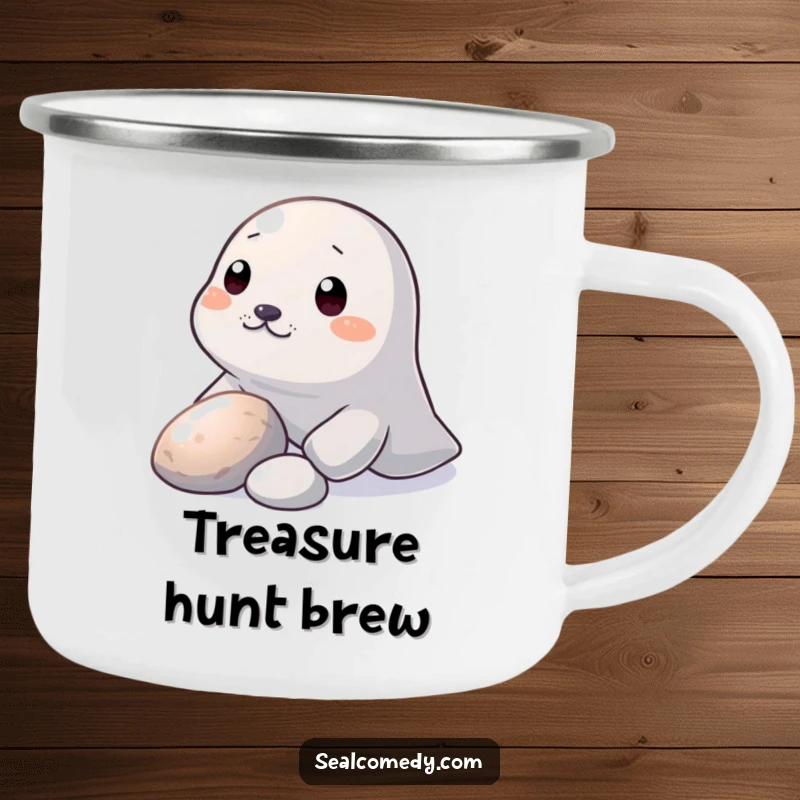 Funny Camping Mug: A seal nudges a shiny pebble with its snout, perfect for humorous outdoor sipping.