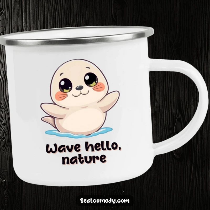Funny camping mug depicting a seal with large, curious eyes, waving a flipper, perfect for outdoor use and a friendly vibe.