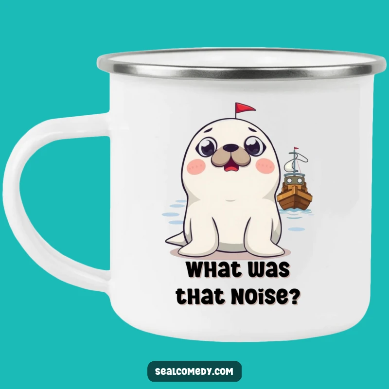 Funny Surprised Seal Camping Mug: Trailside Chuckles with Boat Design, Funny Gift