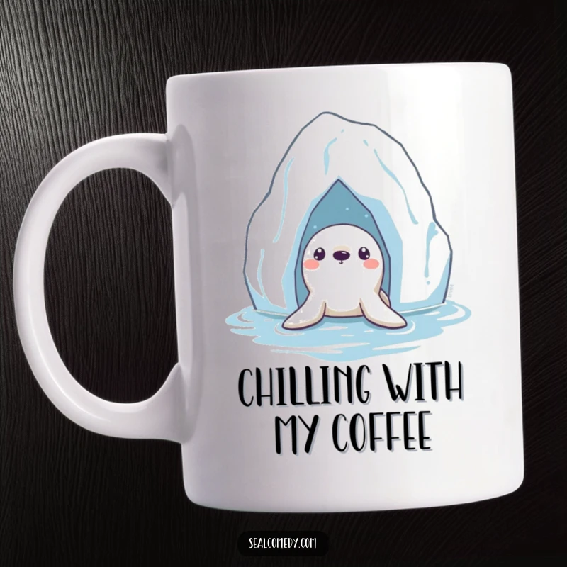 Funny Seal Mug: A curious seal peeks out from beneath a large, floating iceberg, observing its chilly surroundings.