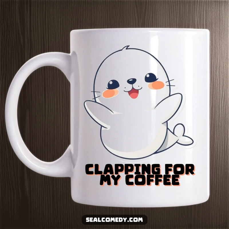 Funny cute seal mug, joyfully clapping its flippers together with a big smile, conveying pure excitement and happiness.