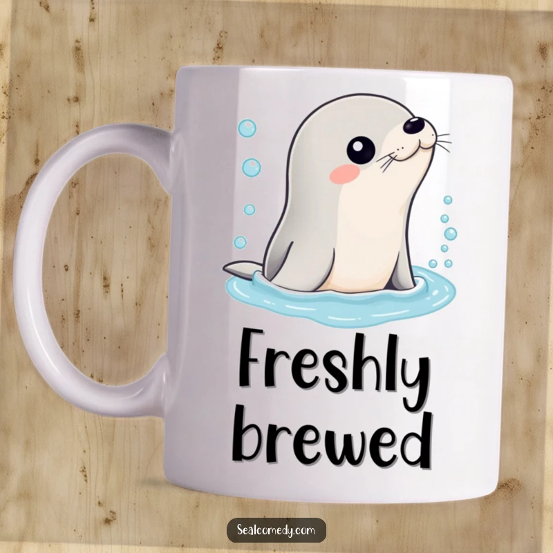 Funny mug featuring a sleek seal character gracefully emerging from sparkling, bubbly water, looking refreshed and cheerful.
