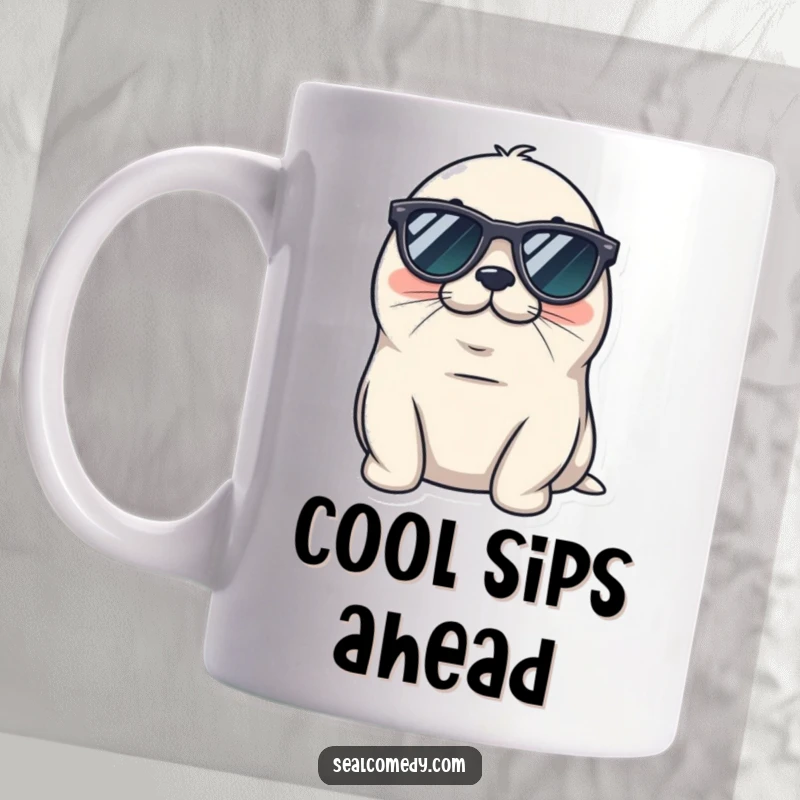 Funny seal mug wearing tiny sunglasses, looking cool and relaxed, a chill marine mammal with awesome shades.