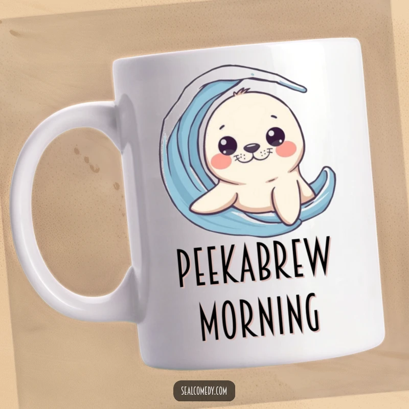 Funny seal mug showing a curious sea creature peeking its head out from a wave with wide, inquisitive eyes.