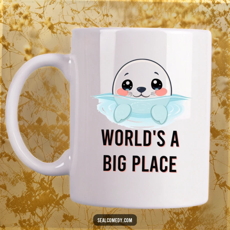 Funny seal pup with wide, curious eyes, peeking its head out of the water, captured on a cheerful coffee mug.