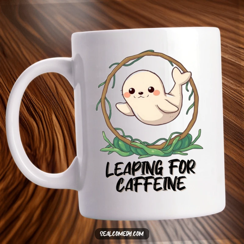 Funny Seal Mug: A determined seal leaps through a seaweed hoop. Humorous marine acrobatics, a great funny gift for sea lovers.