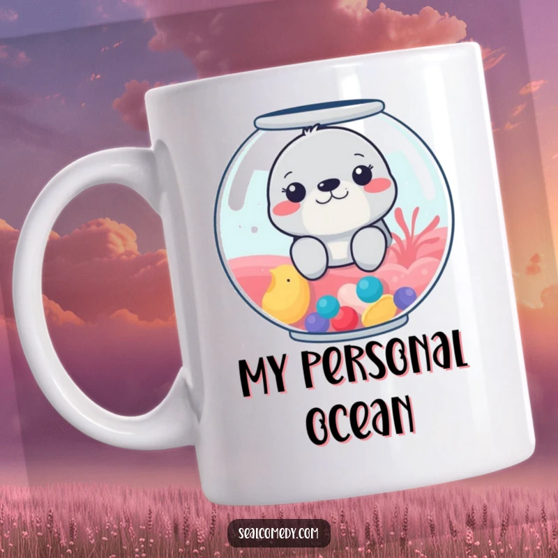 Funny mug showing a seal curiously peeking its head out from a colorful, bubbly fishbowl.
