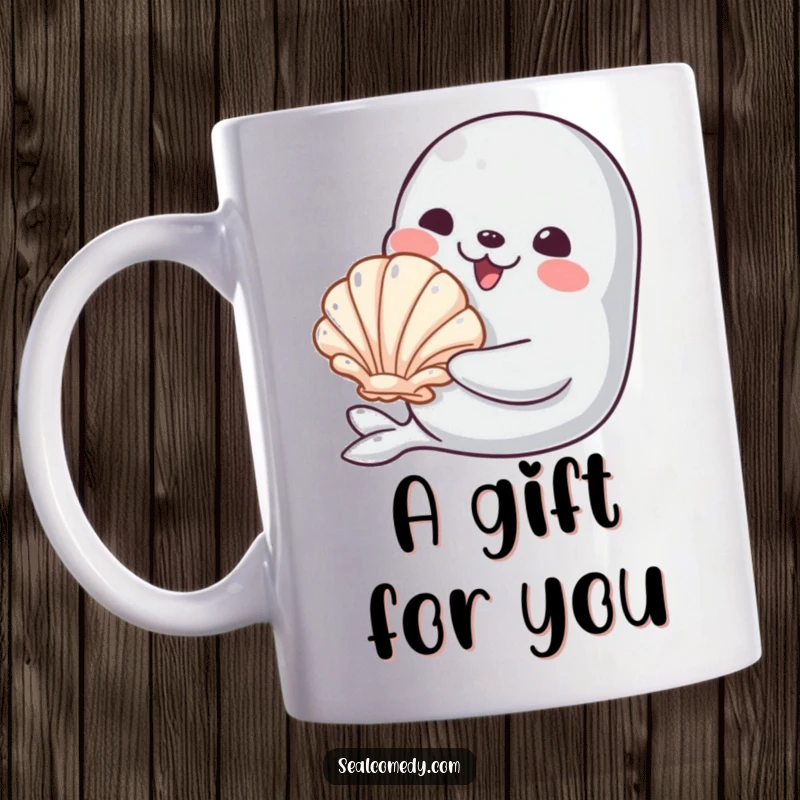 Funny mug featuring a seal character smiling warmly while offering a shiny seashell, symbolizing a thoughtful and joyful gift.