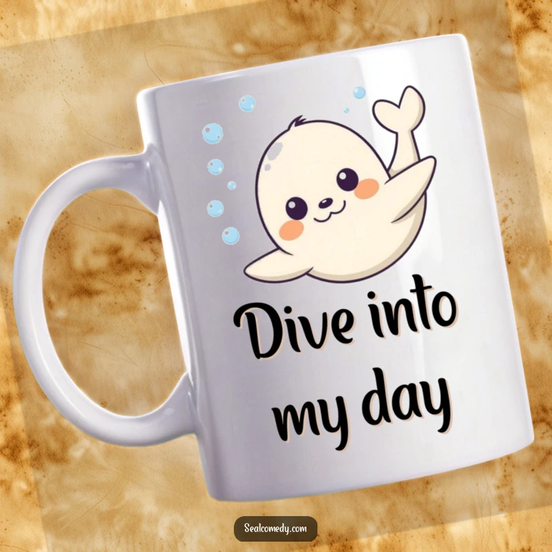 Funny Seal Mug: A seal with a joyful expression happily dives underwater, capturing a moment of pure aquatic bliss. A hilarious funny gift.