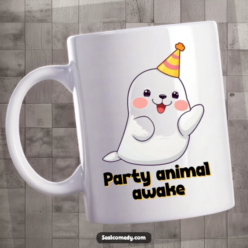 Funny seal wearing a tiny party hat, clapping its flippers together joyfully in celebration.