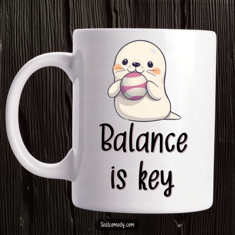 Funny Seal Mug: A cute, smiling seal with glossy fur expertly balancing a colorful ball on the tip of its nose.