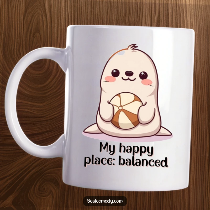 Funny Seal Mug: A happy seal with a beaming smile perfectly balances a colorful ball on its nose, a delightful scene.
