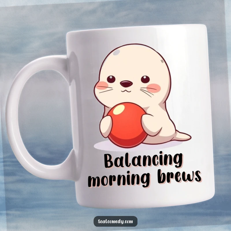 Funny seal mug, cute character balancing red ball on its nose, playful and skillful illustration, perfect for coffee lovers, humorous animal gift.