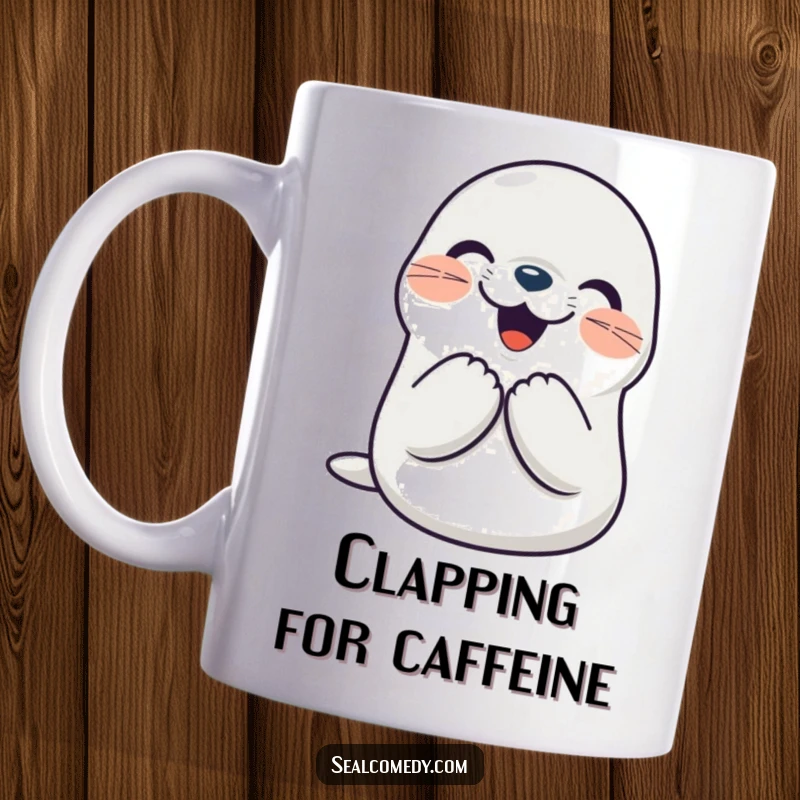Funny seal mug showing a smiling character clapping its flippers together joyfully. A celebration of happiness and humor.