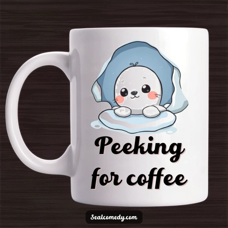 Funny mug featuring a seal character curiously peeking its head out from a hole in the ice, inviting a smile.