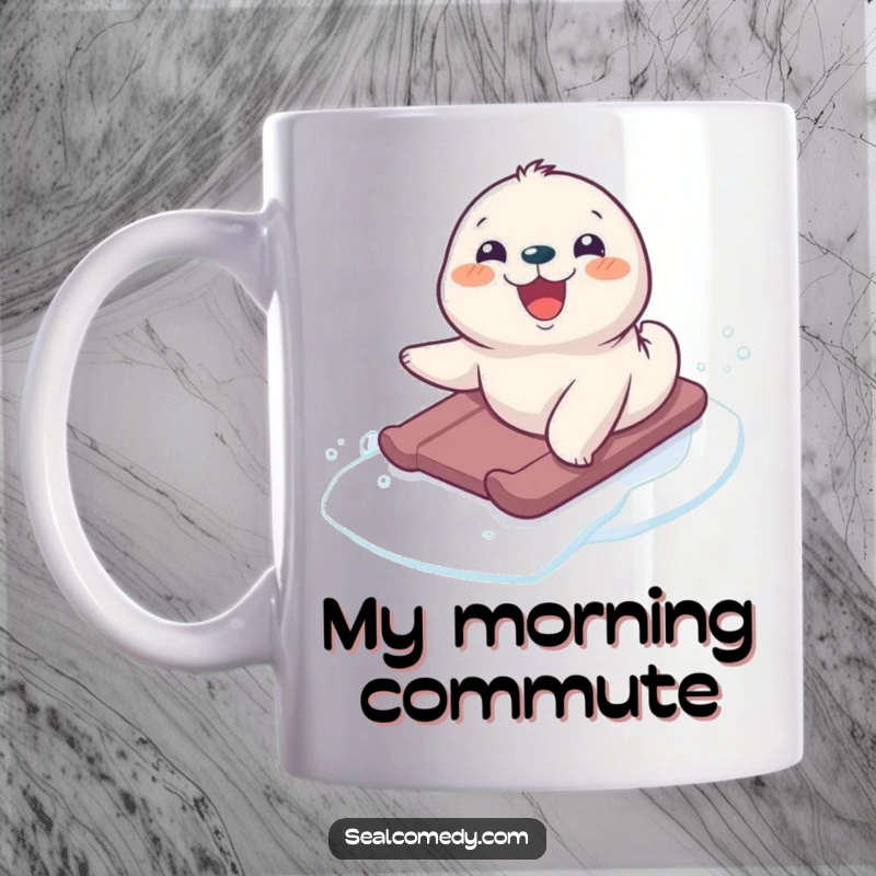 Funny seal pup mid-slide down an icy slope, pure delight on its face, perfect for a humorous gift mug.