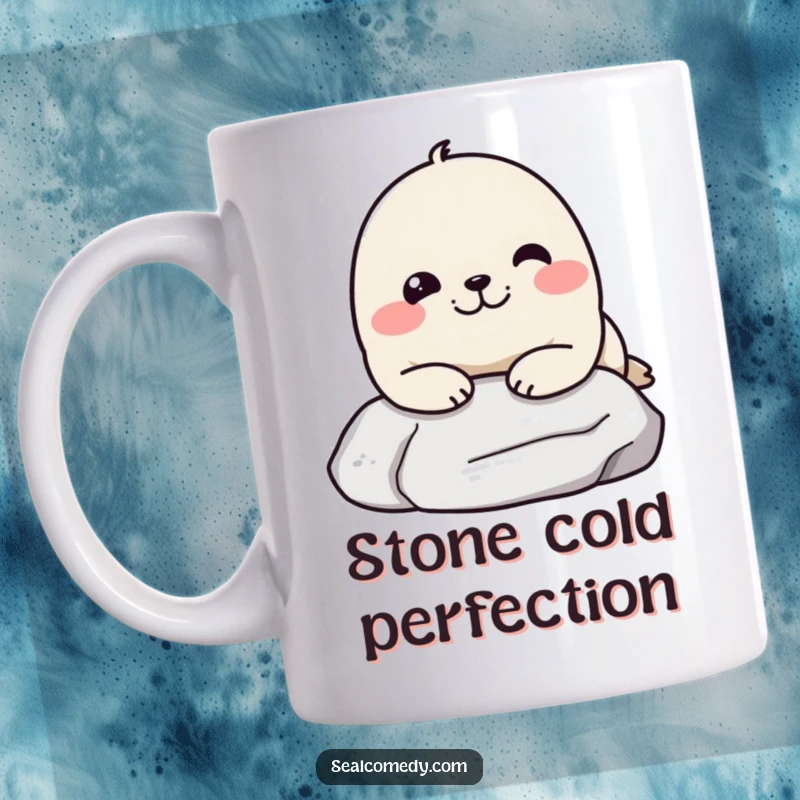 Funny mug featuring a seal with a super pleased expression, resting its chin contentedly on a smooth grey stone, exuding pure relaxation.