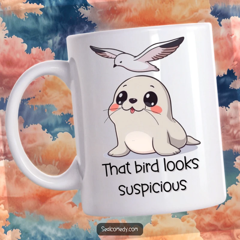 Funny Seal Mug: Wide-eyed seal intently watches a seagull flying overhead, showcasing alertness and a touch of playful curiosity.