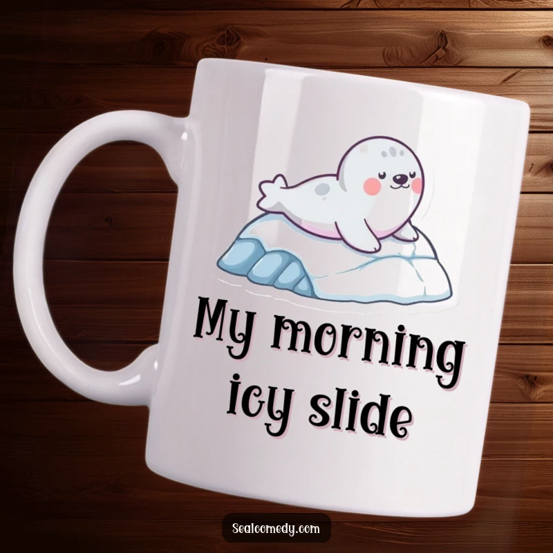 Funny mug featuring a seal character joyfully sliding down an icy slope, capturing a moment of pure, playful winter fun.