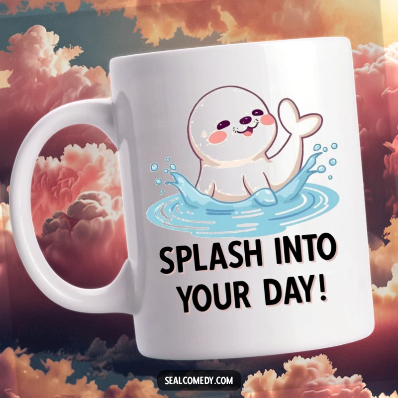 Funny seal mug featuring a cute seal playfully splashing water upwards with its tail, embodying carefree aquatic fun.