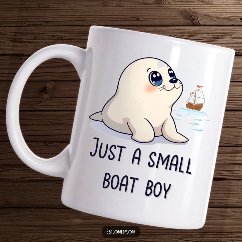 Funny mug with a cute seal character's big, innocent eyes watching a far-off ship, evoking a sense of longing and humor.