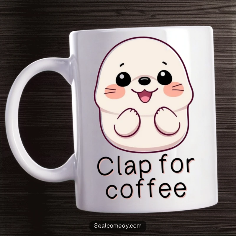 Funny Smiling Seal Mug: A happy seal with a wide grin clapping its flippers together with pure, unbridled glee.