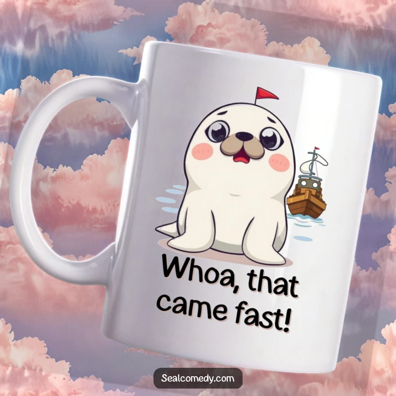 Funny surprised seal mug showing a seal with wide eyes looking at a boat, a comical reaction to unexpected visitors.